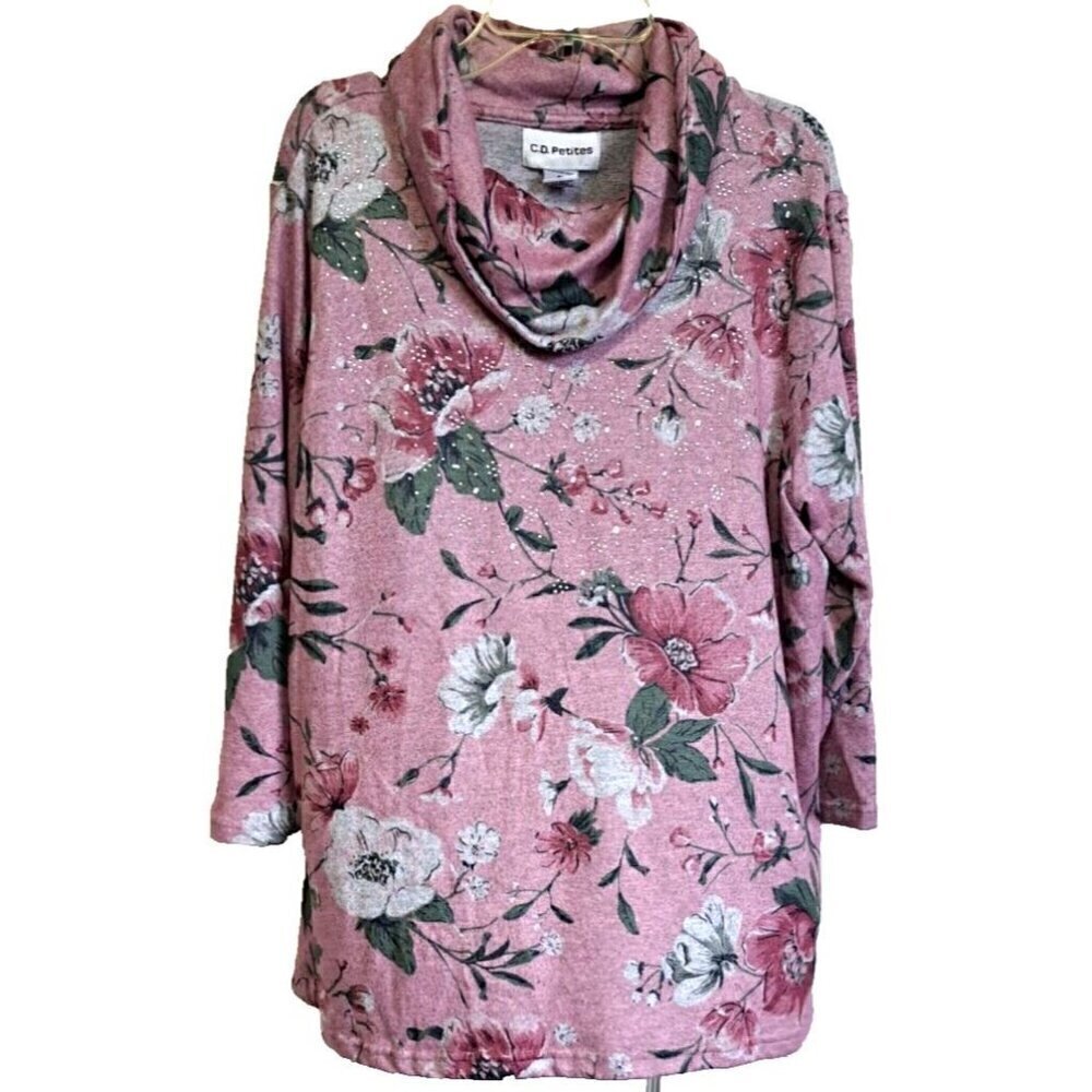C.D.Petites PL Multicolor Floral Long Sleeve Cowl Neck Top Rhinestones